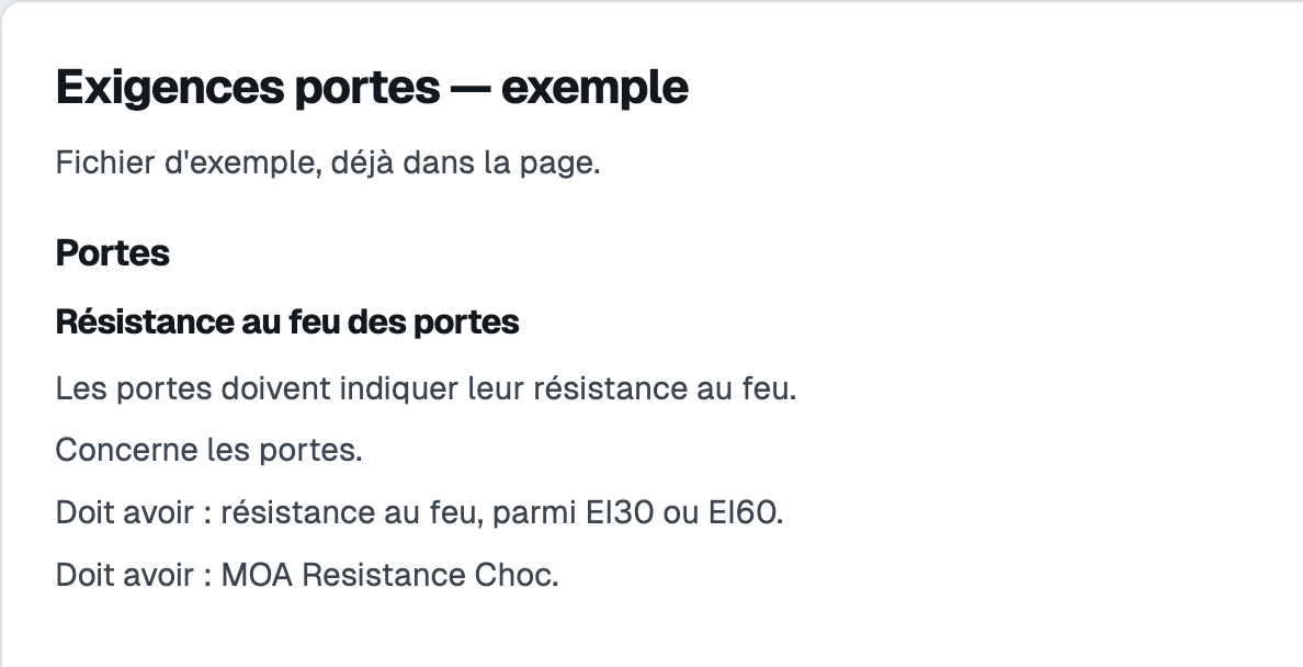 Rapport IDS en français. Les exigences du fichier sont classées par élément.